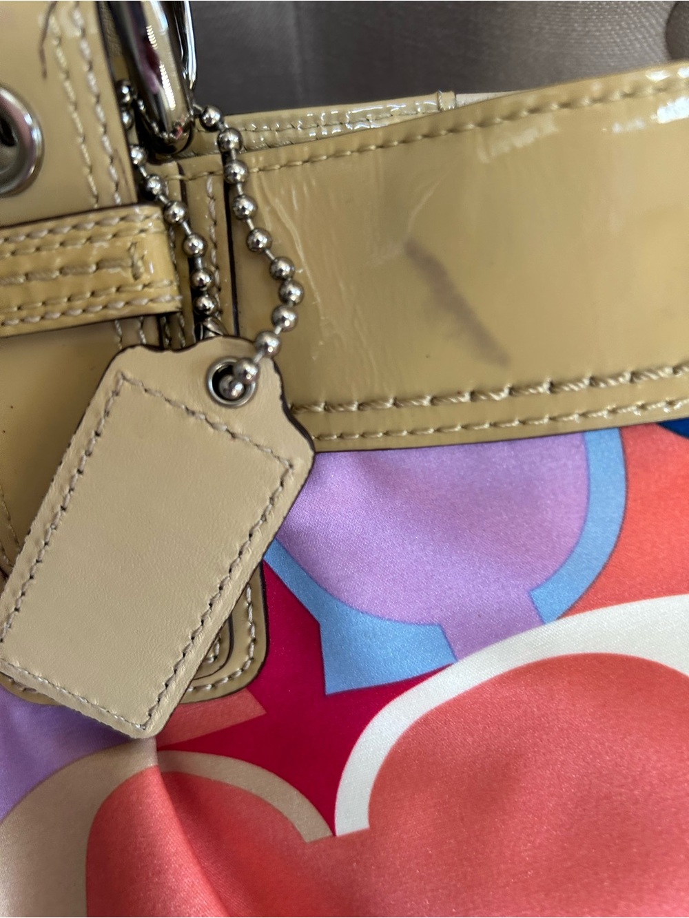 Coach Multicolor Circle Print Shoulder Bag with Beige Patent Trim - Picture 8 of 14